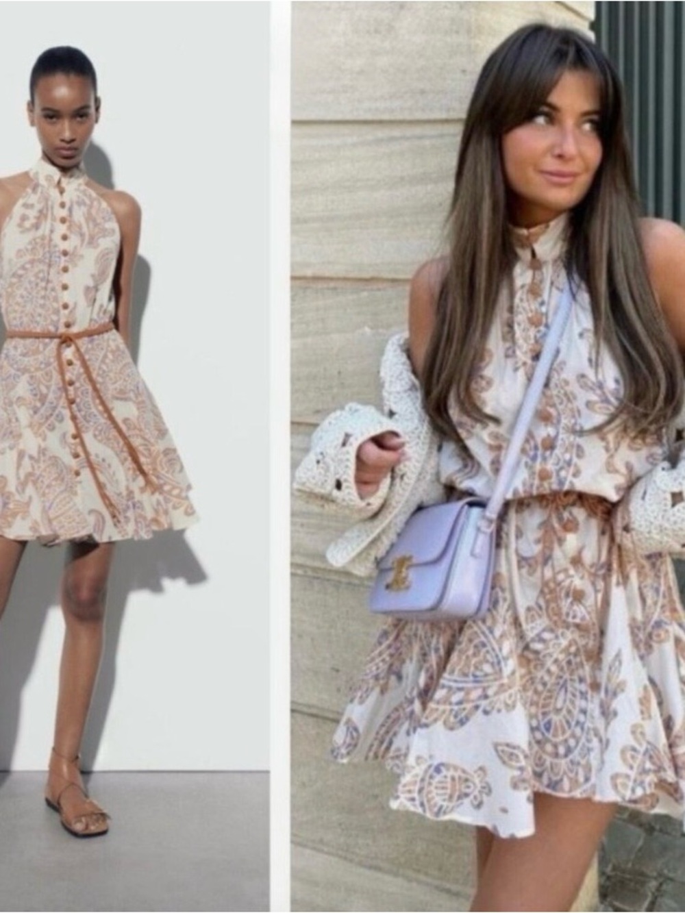 Women Zara Cream, Purple& Brown Paisley Halter Mini Dress Full Skirt Medium